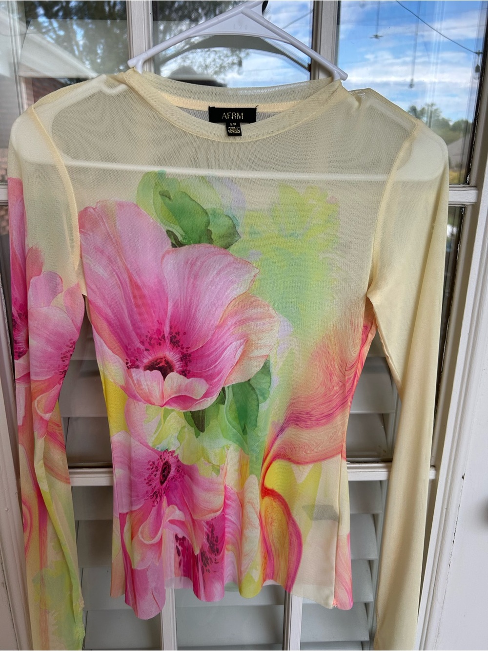 AFRM Yellow Sheer Long-Sleeve Topwith Pink Floral Print